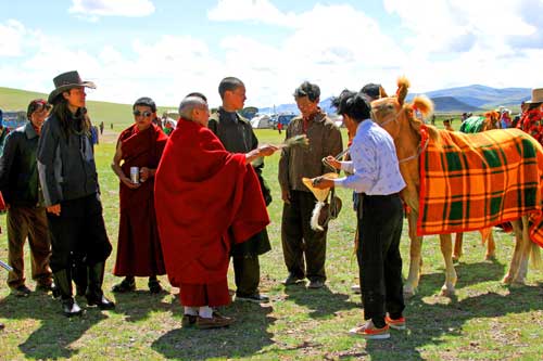 Thupden Rinpoche is giving blessing to riders and their horses